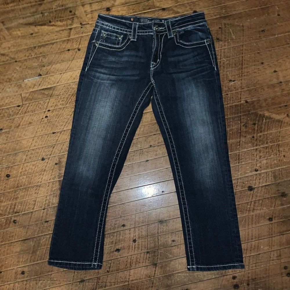 Miss Me bling blue fleur de lis festival Boyfriend Capri jeans